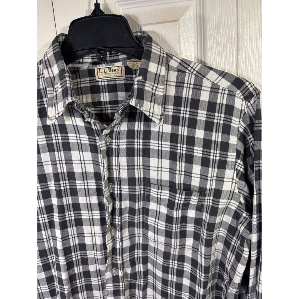 L.L.Bean Mens Black White Plaid Long Sleeve Button Down‎ Shirt Cotton Medium